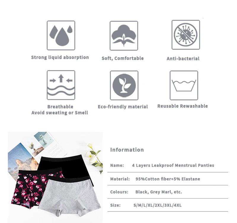 Frauen Zeitraum Höschen Schwere Fluss Saugfähigkeit Jungen Shorts Unterwäsche 4-Schicht Leck Beweis Baumwolle Physiologischen Menstruations Boxer Briefs